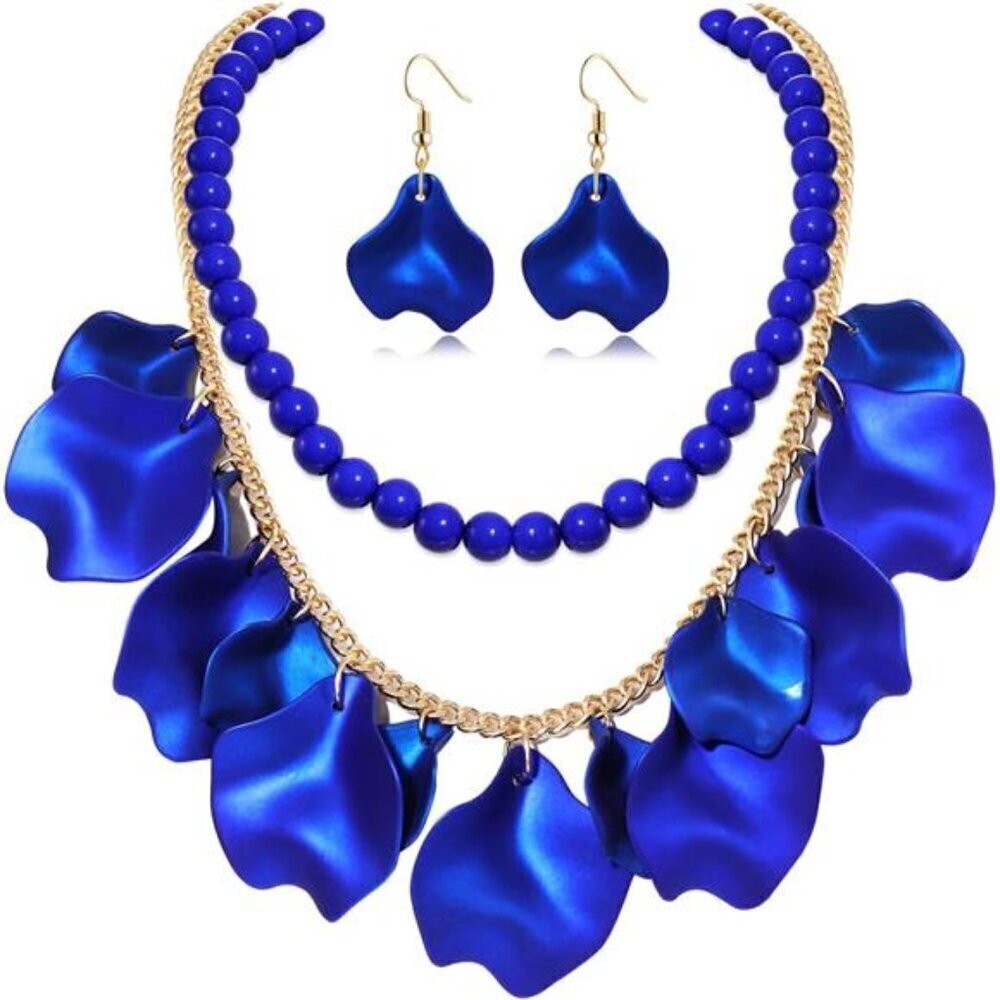 Blue Flower Petal Necklace Earrings Set Layered Statement Necklace Beaded